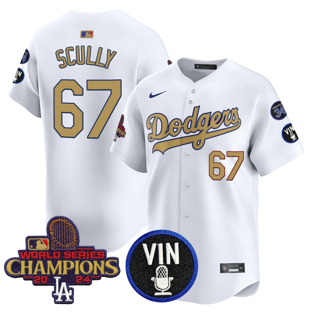Dodgers 2025 Vin Scully & #34 Fernando Patch Gold Vapor Premier Limited Jersey - Stitched